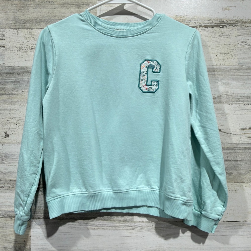 Pique Nique Sweatshirt Girls 14 Aqua Blue Floral C Patch Preppy *Flawed